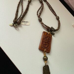 Chico's Brown and Gold Beaded Pendant Necklace